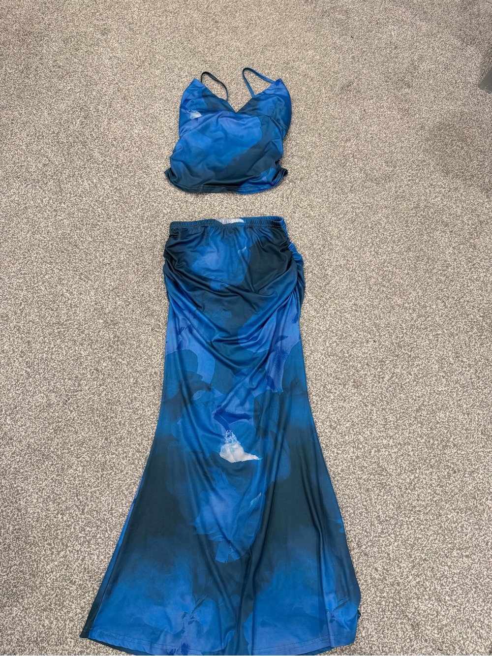 Blue Two-Piece Satin Set - Women's Camisole & Skirt